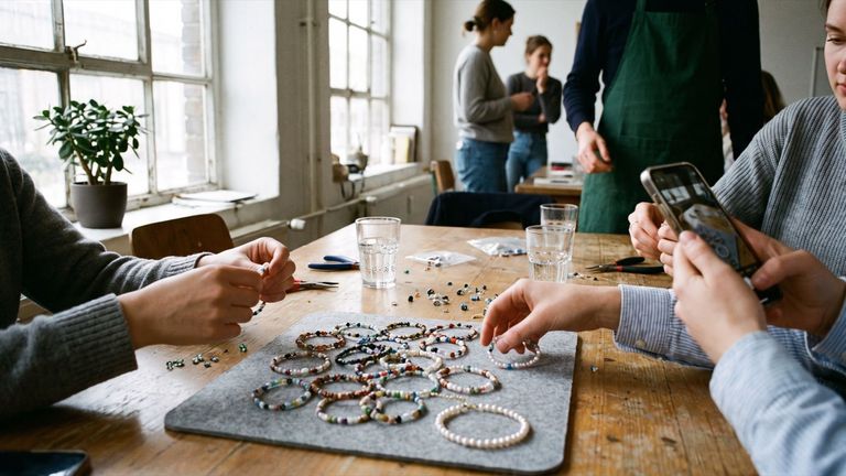 Fertige Perlenarmbänder auf einer grauen Filzmatte im Workshop, mehrere Hände greifen zu, jemand fotografiert die Ergebnisse mit dem Handy.
